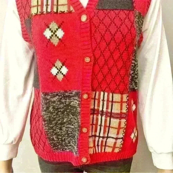 Grandma Boho Bohemians Button Down Crew Neck Red Sweater Vest. - Picture 4 of 11